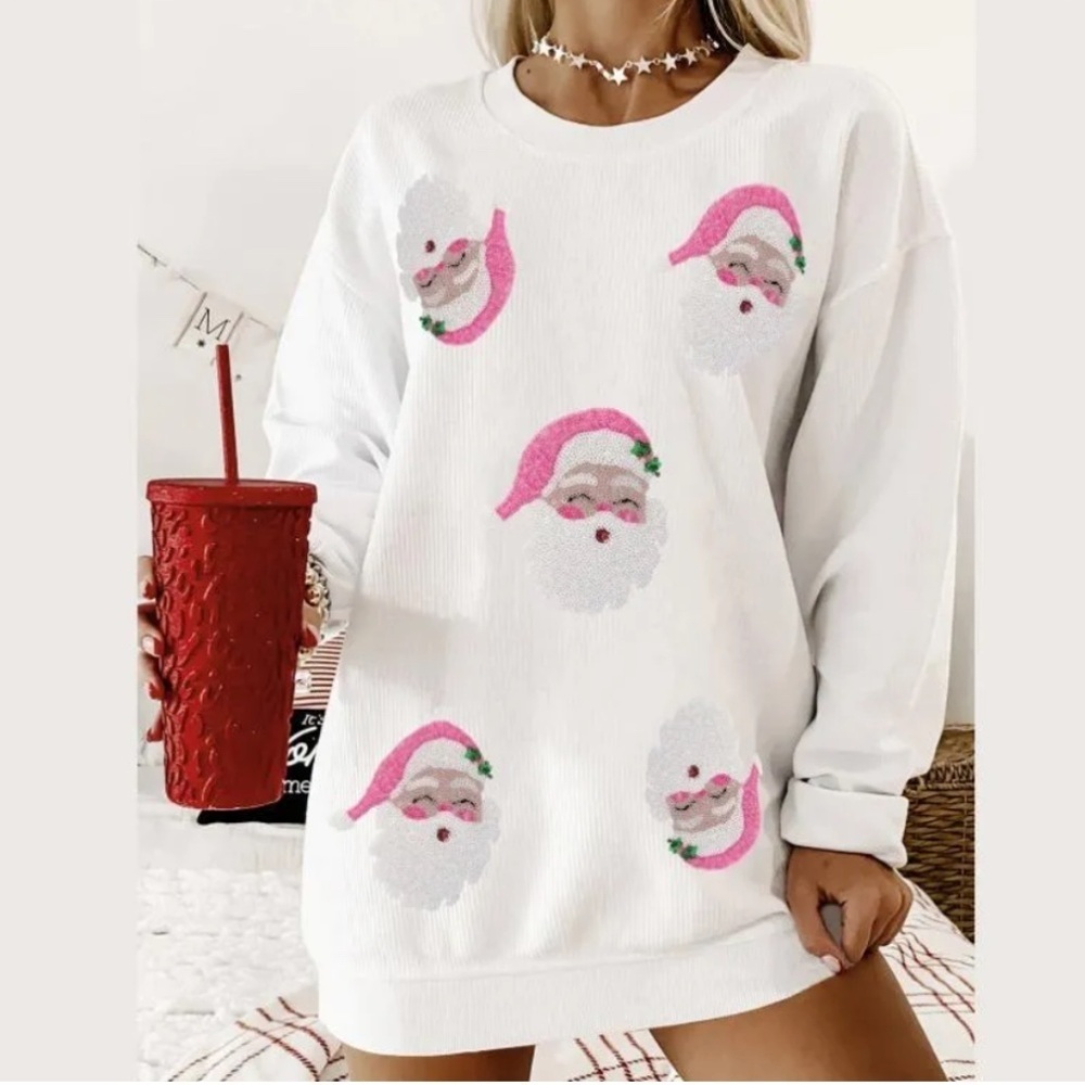 Christmas Oversized Ribbed White Santa Top, Sz M, Sequins